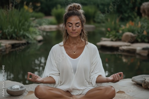 A woman sits in a meditative pose by a tranquil pond, surrounded by lush greenery. She exudes calm and concentration in a peaceful, outdoor setting. Serenity abounds.