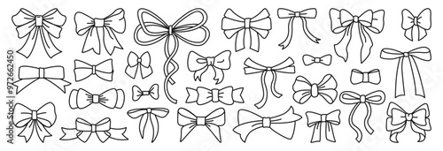Set of linear bows and ribbons. Elegant ribbons and bow ties for gift, wrapping, birthday, wedding, Christmas, New Year greeting cards. Vector illustration isolated on white background