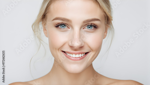 Portrait of a beautiful young woman with long brown hair and green eyes