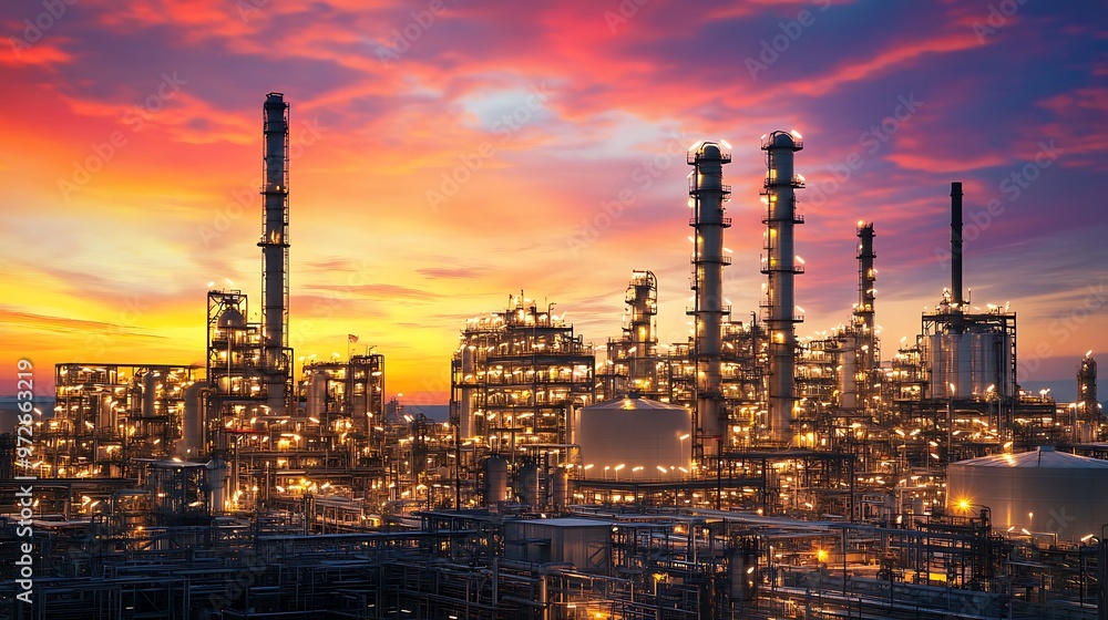 A large industrial complex at sunset. The complex is lit up with yellow lights and is set against a background of a fiery sunset. A large industrial complex at sunset. The complex is lit up with yellow lights and is set against a background of a fiery sunset.