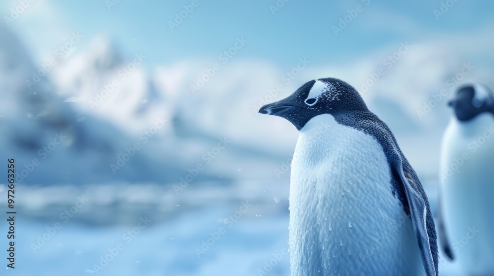 Fototapeta premium Two Adelie penguins are spotted on a snowy landscape beneath a clear sky in Antarctica