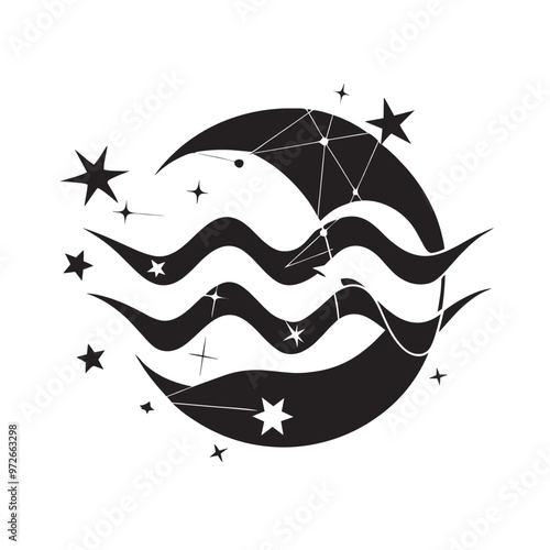 Aquarius zodiac sign with crescent moon and stars illustration for astrology concept