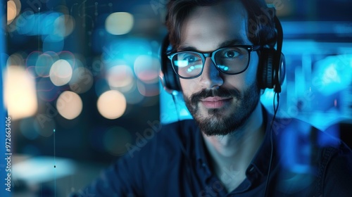 Finding Peace in Chaos: Man Wearing Noise-Canceling Headphones in a Busy Office.Technology,gadget,device,work,office,business,new product,launch event,Noise reduction, stress reduction.AI