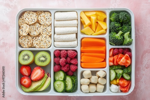 Flat lay of a lunchbox station featuring colorful food items sliced fruits, whole grain crackers, and veggie wraps Healthy lunchbox setup, Nutritious school snacks