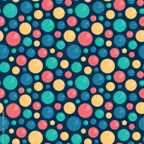 Seamless pattern of collection of colorful circular balls scattered on a dark background