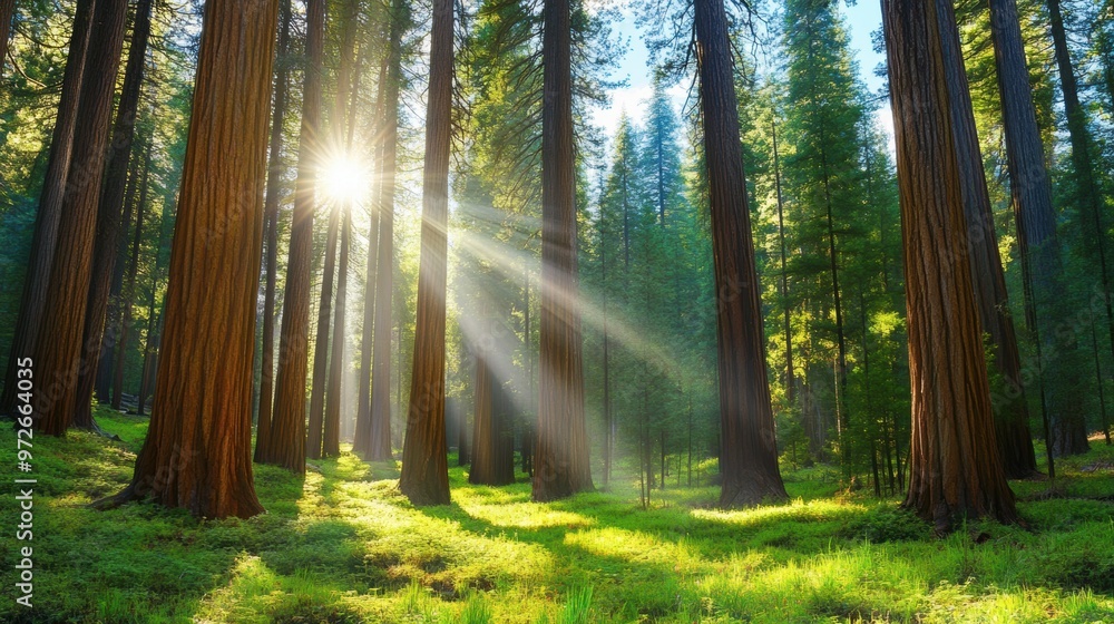 Fototapeta premium A forest with a sun shining through the trees and grass, AI