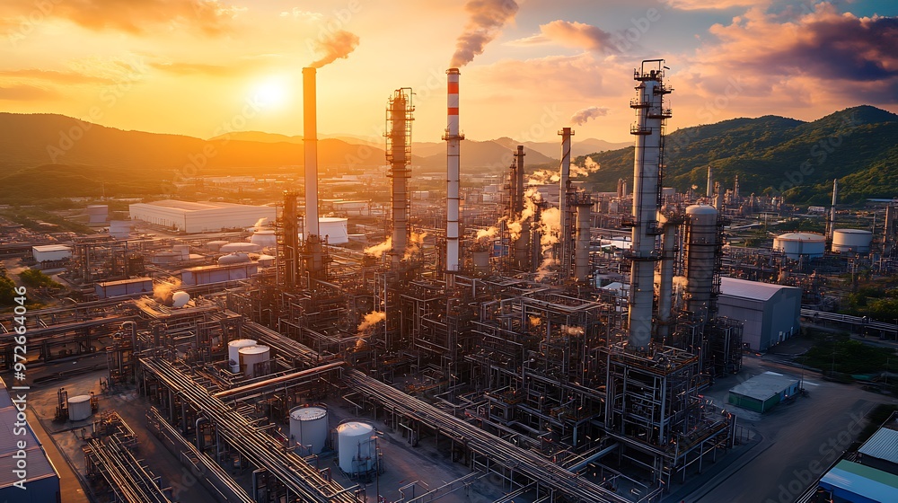 An aerial view of an industrial complex with smoke plumes billowing from its chimneys against a backdrop of a golden sunset. An aerial view of an industrial complex with smoke plumes billowing from its chimneys against a backdrop of a golden sunset.