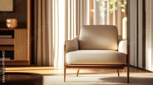 Modern mid-century armchair in a chic, neutral-toned room