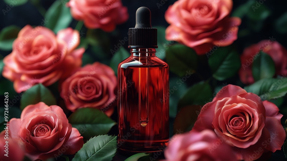 A rose oil with a few rose and leaves around. A rose oil with a few rose and leaves around.