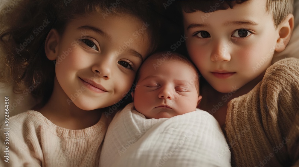 Closeup Portrait of Three Siblings A Young Girl, a Boy, and a Newborn Baby, Capturing the Tenderness and Love of Family Closeup Portrait of Three Siblings A Young Girl, a Boy, and a Newborn Baby, Capturing the Tenderness and Love of Family