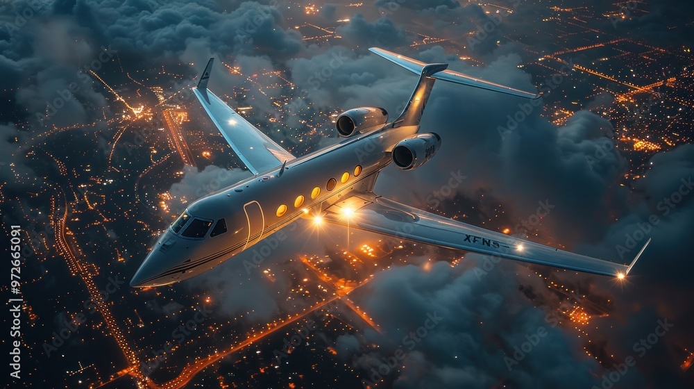 Fototapeta premium Luxury jet soaring above a city skyline at twilight, illuminating clouds with its glowing lights. Generative AI
