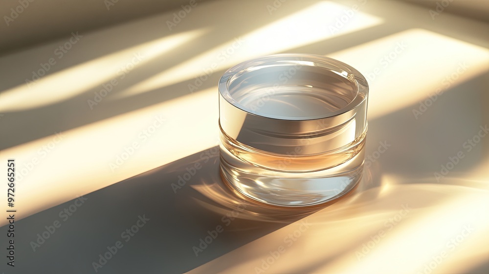 A beauty cream jar with a translucent lid, shot from an angle to capture the soft glow of light bouncing off the glass, enhancing its luxurious appearance. A beauty cream jar with a translucent lid, shot from an angle to capture the soft glow of light bouncing off the glass, enhancing its luxurious appearance.