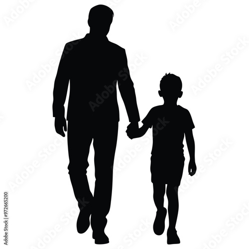 father and son holding hands and walking on white background silhouette vector