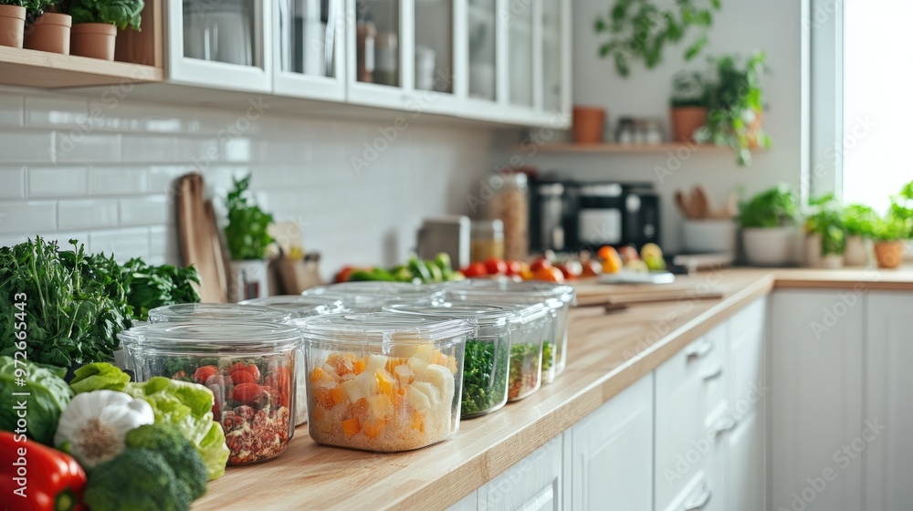 A bright, clean kitchen counter with reusable glass containers and packaging for natural food products. Fresh produce is placed around them. A bright, clean kitchen counter with reusable glass containers and packaging for natural food products. Fresh produce is placed around them.