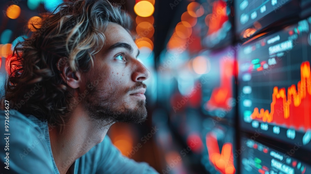 Young man analyzes stock market trends in a vibrant trading environment during evening hours. Generative AI Young man analyzes stock market trends in a vibrant trading environment during evening hours. Generative AI
