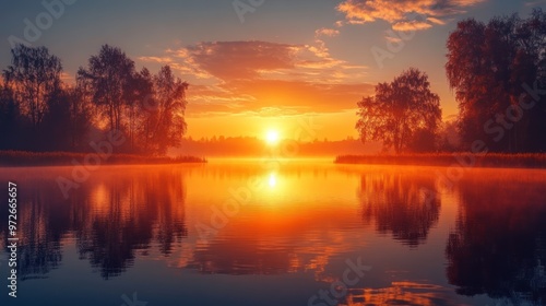 Serene sunset over a calm lake with reflections and trees.