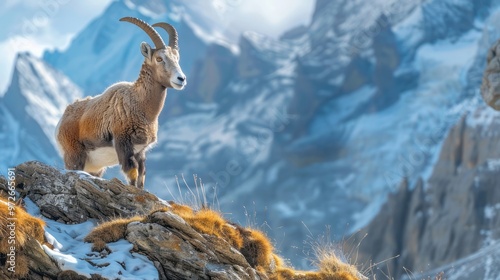 Alpine Ibex (Capra Ibex) on the Wetterhorn mount background. located west of Innertkirchen in the Bernese Oberland Alps. Switzerland, Europe photo