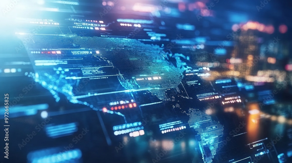 Abstract visualization of voter data flowing across a holographic American map Abstract visualization of voter data flowing across a holographic American map
