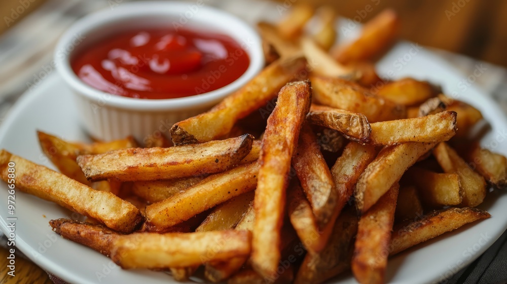 Homemade French fries with ketchup, homemade roasted in the air fryer Homemade French fries with ketchup, homemade roasted in the air fryer