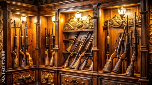 Rustic wooden cabinet showcases an array of vintage firearms, intricately engraved rifles, and ornate pistols, photo