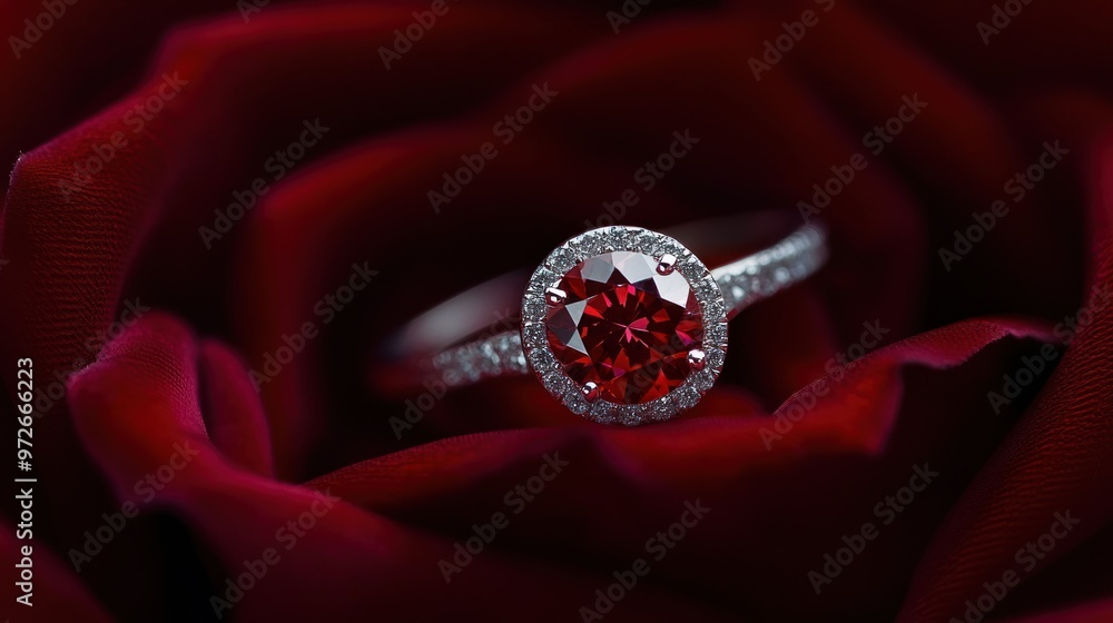 Sparkling Ruby Ring on Red Rose Petal Sparkling Ruby Ring on Red Rose Petal