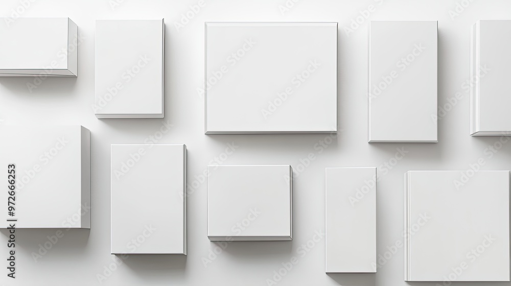 A group of sleek, modern packaging boxes in various sizes arranged symmetrically on a white background, showcasing clean design and simplicity. A group of sleek, modern packaging boxes in various sizes arranged symmetrically on a white background, showcasing clean design and simplicity.