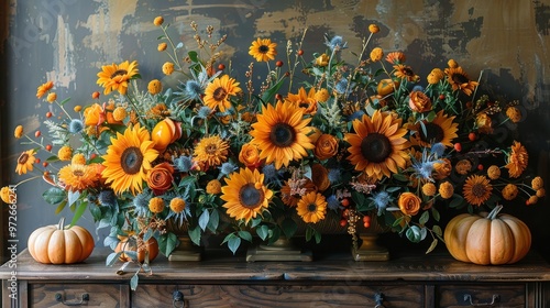 Wallpaper Mural A vibrant autumn floral arrangement featuring sunflowers and pumpkins in a rustic setting. Generative AI Torontodigital.ca