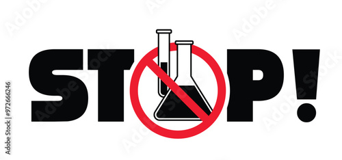 Chemistry, Chemical free, formula or laboratory sign.  Stop chemistry, forbidden signal with a chemical test, flask tube. No added preservatives,  artificial free food. No pfas or gmo substance .