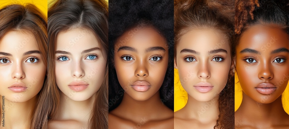 Fototapeta premium Portrait, collage of five beautiful women of different ethnicities on a yellow background.