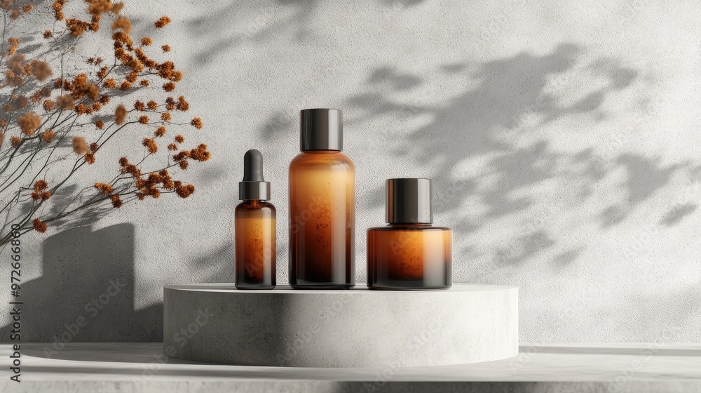 A luxurious skincare set of essence, toner, and scrub in gradient brown-to-orange glass bottles, beautifully arranged on a minimalist concrete plinth. A luxurious skincare set of essence, toner, and scrub in gradient brown-to-orange glass bottles, beautifully arranged on a minimalist concrete plinth.