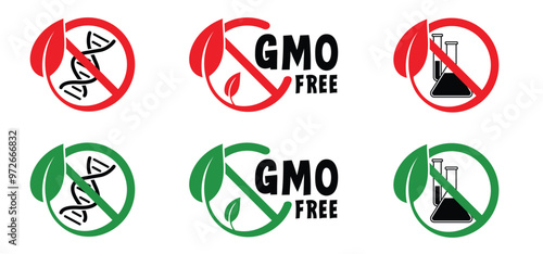 GMO free, genetically modified organism. contains ingredients that may have been derived from genetically modified ingredients. Stop, no added or artificial chemicals. Healthy organic food concept. 