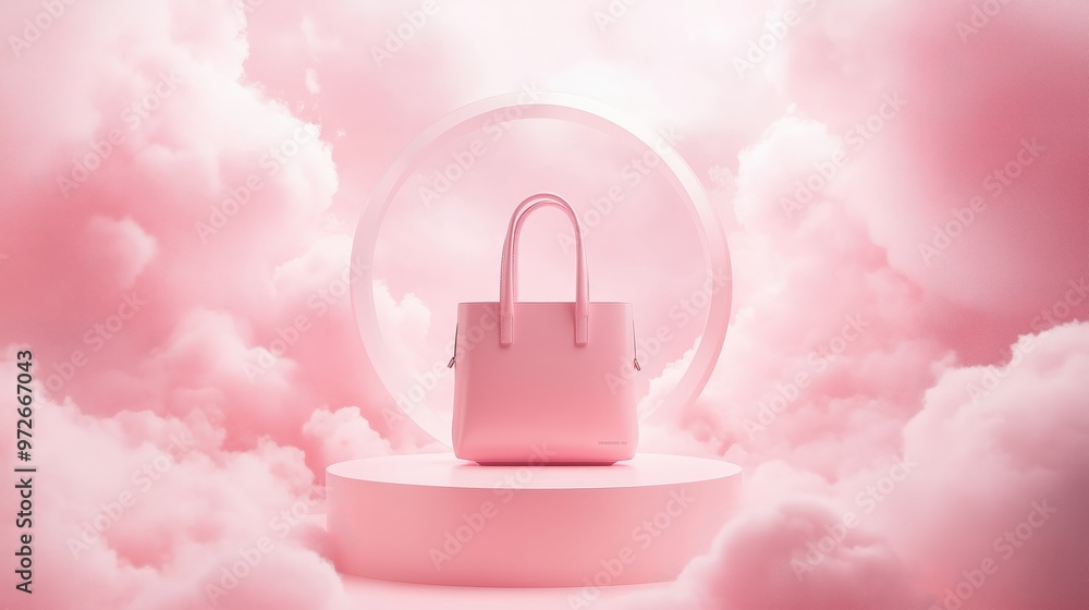 A pink tote bag on a round base with a light pink pastel background. A pink tote bag on a round base with a light pink pastel background.