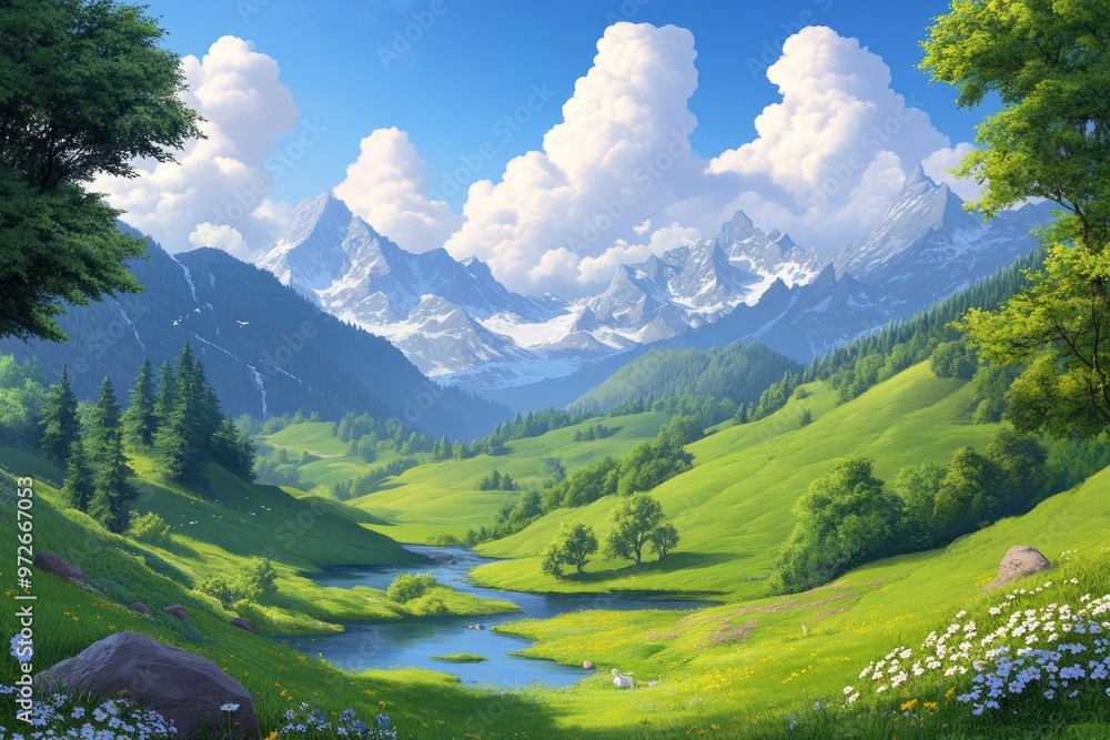 Obraz premium A Serene Painting Showing A Winding River Flowing Through Majestic Mountains Under A Clear Blue Sky.