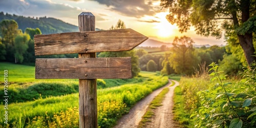 Rustic wooden signpost stands at a rural crossroads, worn by time, pointing to mysterious destinations on a sunny photo