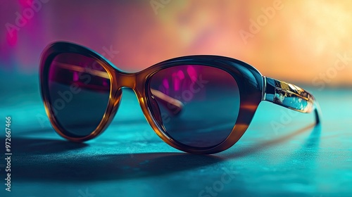 A pair of designer sunglasses rests in soft lighting, with shadows and reflections emphasizing the smooth curves and high-quality materials used in the frames.