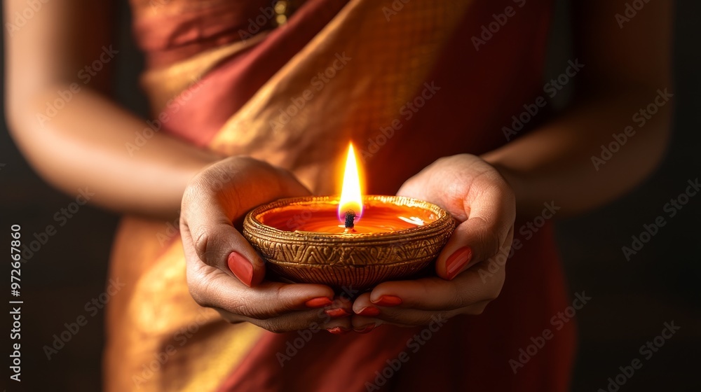 Indian woman in traditional sari costume holds a candle on Diwali holiday. Close up of hands Indian woman in traditional sari costume holds a candle on Diwali holiday. Close up of hands