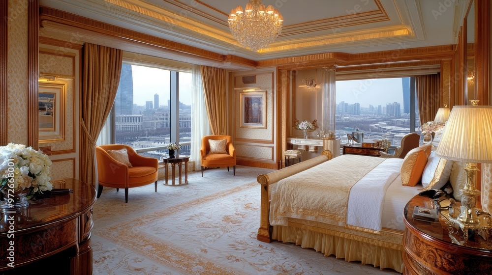Fototapeta premium Soft lighting fills the elegant bedroom, showcasing a vintage leather bed, stylish wooden side tables, and an inviting orange armchair by the large windows