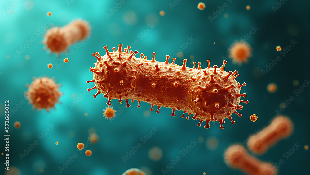 Close-up of MPox Virus Particle with Textured Orange Surface Against Teal Microscopic Background Close-up of MPox Virus Particle with Textured Orange Surface Against Teal Microscopic Background