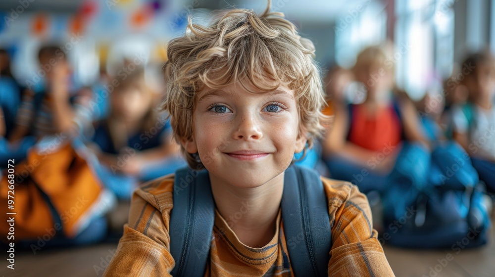 A joyful boy with curly hair smiling brightly in a colorful classroom filled with eager students. Generative AI A joyful boy with curly hair smiling brightly in a colorful classroom filled with eager students. Generative AI