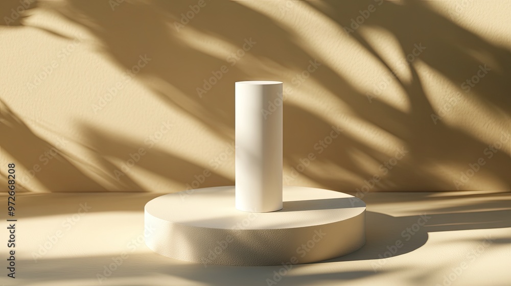 A round platform holds a white sunscreen tube, with harsh sunlight creating deep shadows, symbolizing protection from UV rays and the potential harm of sun exposure. A round platform holds a white sunscreen tube, with harsh sunlight creating deep shadows, symbolizing protection from UV rays and the potential harm of sun exposure.