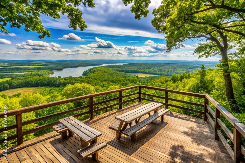 Scenic overlook at West Bluff picnic area with lush greenery, wooden benches, and a railing, offering breathtaking Scenic overlook at West Bluff picnic area with lush greenery, wooden benches, and a railing, offering breathtaking
