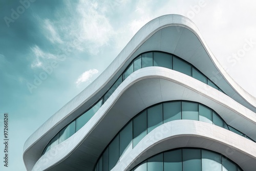 Modern building, organic flowing lines, biomorphic aesthetic