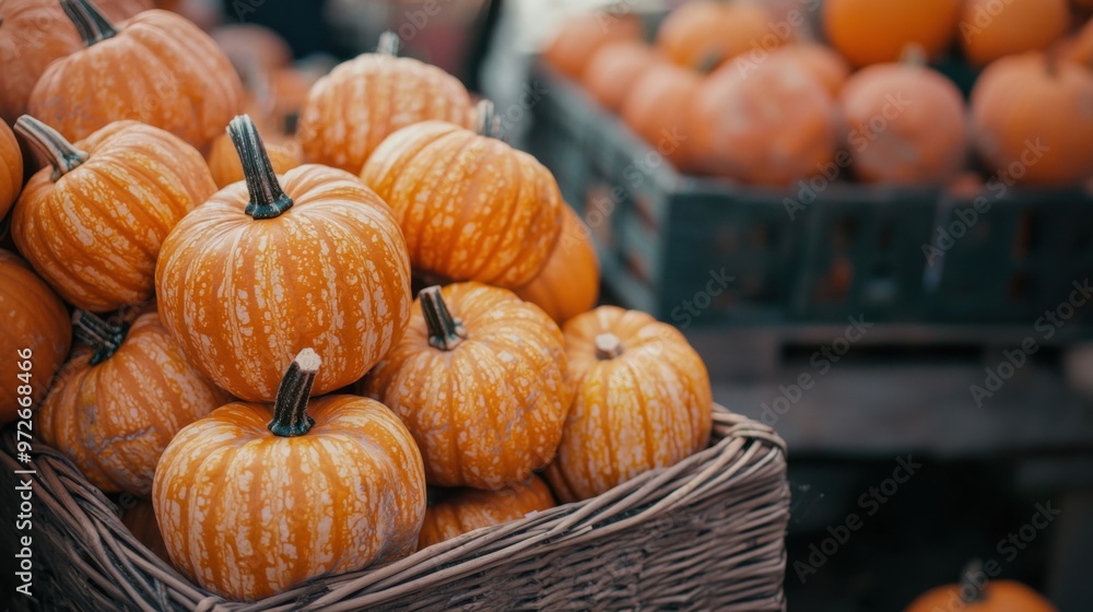 Beautiful orange Halloween pumpkins on sale at an outdoor farmers market in Germany. Natural ornamental gourds. Harvest and Thanksgiving concept. Beautiful orange Halloween pumpkins on sale at an outdoor farmers market in Germany. Natural ornamental gourds. Harvest and Thanksgiving concept.