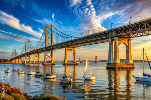 Scenic waterfront view of historic Chesapeake Bay Bridge spanning the Patapsco River in Maryland, USA, with cityscape