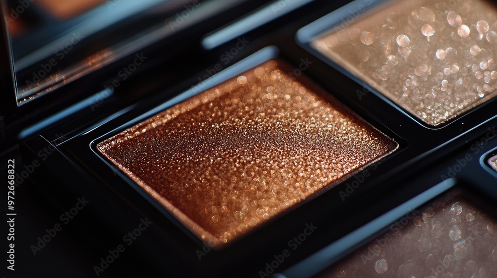 Fototapeta premium A shiny metallic eye shadow palette, zoomed in to show the smooth texture and sleek design, with warm lighting adding a sense of luxury and sophistication.
