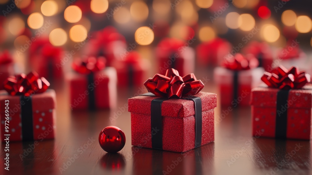 Red Gift Boxes with Shiny Ribbons, Festive Bokeh Lights. Christmas, Birthday, Holiday Presents Red Gift Boxes with Shiny Ribbons, Festive Bokeh Lights. Christmas, Birthday, Holiday Presents