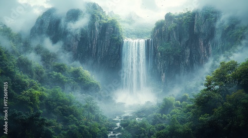 Serene waterfall cascading through lush, misty jungle landscape.