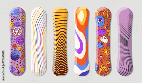 Set of snowboards. Sportive inventory for winter season. Active lifestyle and extreme sports. Snowboarding and snow recreation. Flat vector collection isolated on white background