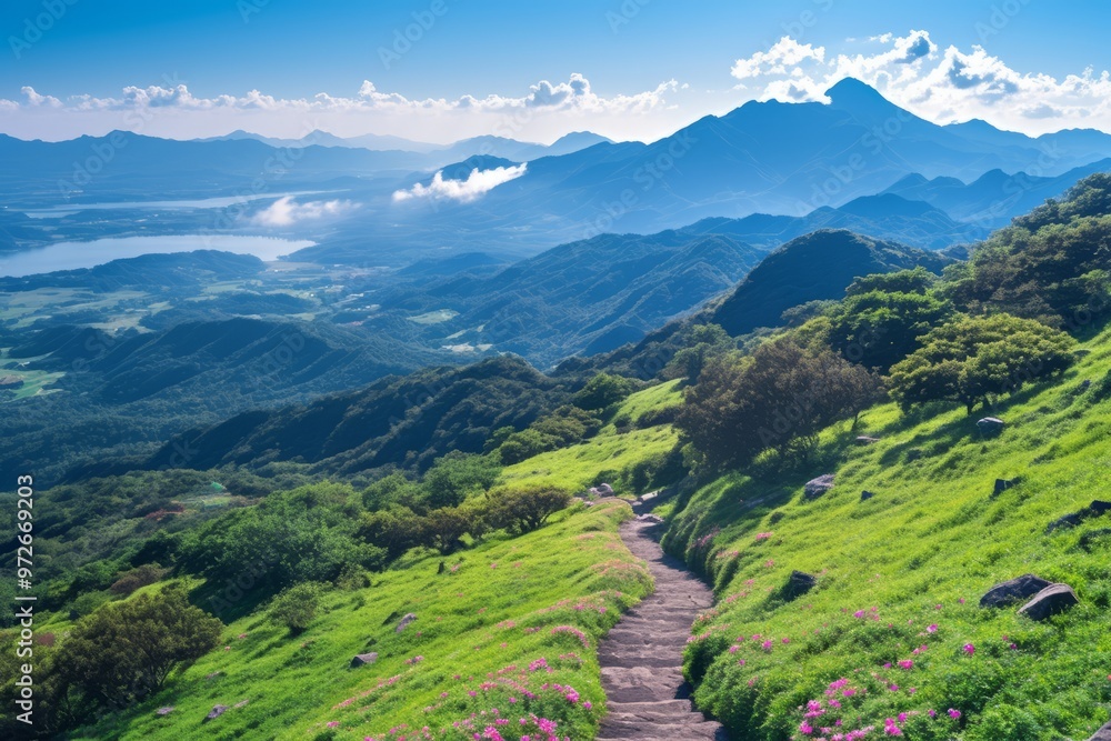 Naklejka premium Serene Anime Landscape Majestic Mountains