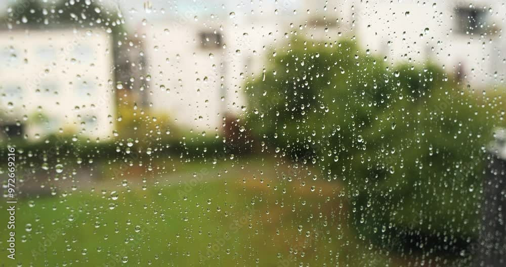 Rain droplets and small stream pouring down glass window. Close up shot, blurry background, real time, no people Rain droplets and small stream pouring down glass window. Close up shot, blurry background, real time, no people